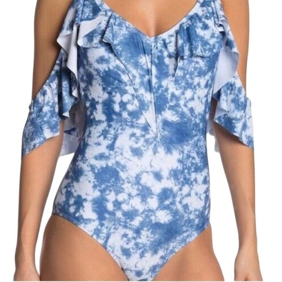 NICOLE MILLER Women's Blue Tie Dye  Cold Shoulder One Piece Swimsuit Small NWT - Picture 1 of 11